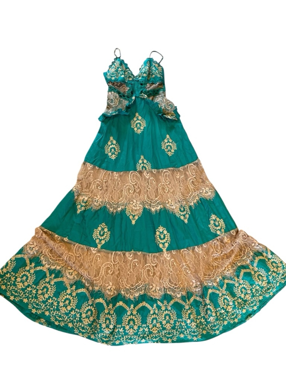 TUART OFFICIAL Turquoise Tiered Embroidered Lace Maxi Dress Bollywood - Picture 3 of 10